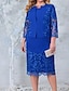 cheap Plus Size Party Dresses-Women&#039;s Plus Size Two Piece Dress Set Work Dress Two Piece Dress Formal Dress Work Daily Elegant Embroidered Layered Midi Dress Crew Neck 3/4 Length Sleeve Floral Regular Fit Blue Fall Winter XL XXL