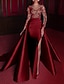 お買い得  イブニングドレス-マーメイドイブニングドレス豪華なドレスカーニバル赤緑ドレスコートトレイン長袖ジュエルネックサテンラインストーンアップリケ 2024