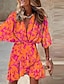 cheap Print Dresses-Women&#039;s Casual Dress Mini Dress Black Red Orange Half Sleeve Floral Print Summer Spring V Neck Stylish 2023 S M L XL XXL 3XL