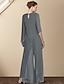 cheap Mother of the Bride Pantsuits-Two Piece Jumpsuit / Pantsuit Mother of the Bride Dress Fall Wedding Guest Dresses Plus Size Elegant Jewel Neck Floor Length Chiffon 3/4 Length Sleeve with Appliques 2023