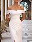 Χαμηλού Κόστους Νυφικά Φορέματα-Αίθουσα Καθημερινό Φορεματα για γαμο Ίσια Γραμμή Ώμοι Έξω Ιμάντες Ουρά μέτριου μήκους Σατέν Νυφικά φορέματα Με Με Άνοιγμα Μπροστά Πλαϊνό Ντραπέ 2024