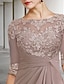 cheap Mother of the Bride Dresses-Sheath / Column Mother of the Bride Dress Wedding Guest Elegant Plus Size Jewel Neck Floor Length Chiffon Lace Short Sleeve with Appliques Side-Draped 2024