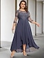 cheap Plus Size Mother of the Bride Dresses-A-Line Plus Size Curve Mother of the Bride Dresses Elegant Dress Formal Wedding Guest Asymmetrical 3/4 Length Sleeve Jewel Neck Chiffon with Pleats Ruched Appliques 2024