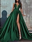 cheap Evening Dresses-A-Line Evening Gown Red Green Dress Formal Wedding Party Court Train Sleeveless Strapless Satin with Pleats Slit 2024