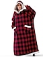 cheap Super Sale-Women&#039;s Couple&#039;s Pajamas Nightgown Wearable Blanket Hoodie Blanket Comfort Oversized Plush Grid / Plaid Pure Color Fleece Party Home Christmas Hoodie Gift Long Sleeve Pocket Winter Fall Lake blue