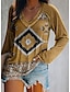 cheap Women&#039;s T-shirts-Women&#039;s T shirt Tee Burgundy Tee Yellow Wine Red Geometric Print Long Sleeve Casual Weekend Vintage Basic Ethnic V Neck Regular Fit Geometric Painting Fall &amp; Winter