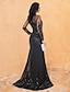 billige Aftenkjoler-havfrue svart kjole aftenkjole elegant kjole formell halloween feie / børstetog langermet juvelhals blonder med perlebroderi 2024