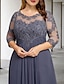 cheap Plus Size Mother of the Bride Dresses-A-Line Plus Size Curve Mother of the Bride Dresses Elegant Dress Formal Wedding Guest Asymmetrical 3/4 Length Sleeve Jewel Neck Chiffon with Pleats Ruched Appliques 2024