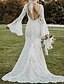 cheap Wedding Dresses-Beach Vintage Open Back Boho Wedding Dresses Mermaid / Trumpet V Neck Long Sleeve Court Train Lace Bridal Gowns With Appliques 2024