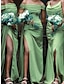 preiswerte Brautjungfernkleider-Etui-/Säulen-Brautjungfernkleid mit V-Ausschnitt, schulterfrei, ärmellos, eleganter Schwung, Pinselschleppe, Charmeuse mit Schlitz vorne, einfarbig, 2023