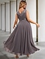 baratos Vestidos Plus Size-Duas Peças Linha A Vestidos para convidadas de casamento Elegante Vestido Formal Longuette Sem Manga Decote V Chiffon com Apliques 2024