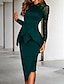 זול שמלות קוקטייל-נדן/עמוד קוקטייל שמלה אלגנטית שמלת כלה סתיו שמלת אורחת באורך ברך שרוול ארוך ספנדקס צוואר גבוה עם סלסולים מרופטים 2024
