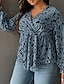 cheap Women&#039;s Blouses &amp; Shirts-Women&#039;s Plus Size Tops Blouse Graphic Ruched Print Long Sleeve V Neck Elegant Daily Work Polyester Winter Fall Blue