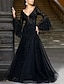 preiswerte Abendkleider-A-Linien-Abendkleid, schwarzes Vintage-Kleid für formelle Hochzeitsgäste, bodenlang, langärmelig, V-Ausschnitt, Spitze mit Applikationen, 2024