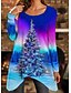 cheap T-shirts &amp; Blouses-Women&#039;s T shirt Tee Blue Christmas Tree Flowing tunic Print Long Sleeve Christmas Weekend Basic Round Neck Long Painting S