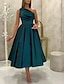 cheap Cocktail Dresses-A-Line Cocktail Dresses High Split Dress Prom Birthday Tea Length Sleeveless One Shoulder Fall Wedding Guest Satin with Slit Pure Color 2024
