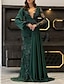cheap Evening Dresses-Mermaid / Trumpet Evening Gown Elegant Dress Formal Wedding Guest Floor Length Long Sleeve V Neck Fall Wedding Guest Lace with Appliques Pure Color 2024