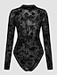 זול בגדי גוף-בגדי ריקוד נשים חליפת גוף דפוס רשת צבע אחיד עומד אלגנטית יומי חגים גוף מלא שרוול ארוך שחור S M L קיץ