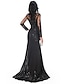 cheap Prom Dresses-Mermaid Black Dress Evening Gown Sequin Prom Dress Sparkle Formal Gown Sweep / Brush Train Long Sleeve Illusion Neck Lace with Appliques 2024