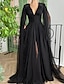 cheap Evening Dresses-A-Line Evening Gown Black Dress Formal Masquerade Court Train Long Sleeve V Neck Wednesday Addams Family Chiffon with Buttons Slit Appliques 2024