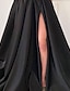 preiswerte Abendkleider-A-Linien-Abendkleid, schwarzes Vintage-Kleid, für formelle Hochzeitsgäste, Hofschleppe, lange Ärmel, One-Shoulder-Satin mit Federschlitz, 2024