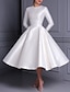 cheap Cocktail Dresses-Ball Gown Cocktail Dresses Cute Dress Wedding Tea Length Long Sleeve Jewel Neck Fall Wedding Guest Satin with Pleats Pure Color 2024