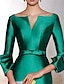 cheap Cocktail Dresses-Sheath Red Green Dress Cocktail Dresses Emerald Green Elegant Dress Fall Wedding Guest Dress For Mother Formal Knee Length 3/4 Length Sleeve V Neck Satin with Sash / Ribbon Pure Color 2024