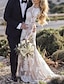 cheap Wedding Dresses-Beach Wedding Dresses in Color Boho Wedding Dresses Mermaid / Trumpet Scoop Neck Long Sleeve Court Train Lace Bridal Gowns With Appliques 2024