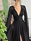 cheap Evening Dresses-A-Line Evening Gown Black Dress Formal Masquerade Court Train Long Sleeve V Neck Wednesday Addams Family Chiffon with Buttons Slit Appliques 2024