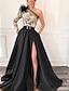 billiga Aftonklänningar-a-line aftonklänning svart klänning vintage formell bröllop gästrätt tåg långärmad en axel satin med fjäder slits 2024