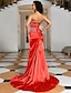cheap Evening Dresses-Mermaid Dress Elegant Red Green Wedding Guest Formal Evening Dress Strapless Sleeveless Sweep / Brush Train Satin with Crystals 2024