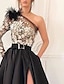 Недорогие Вечерние платья-Вечернее платье трапециевидного силуэта, черное платье, винтажное, торжественное, свадебное, со шлейфом, с длинными рукавами, атласное на одно плечо, с разрезом в виде перьев, 2024