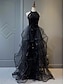 cheap Prom Dresses-A-Line Prom Black Dress Vintage Dress Wedding Party Birthday Sweep / Brush Train Sleeveless Halter Neck Wednesday Addams Family Sequined with Crystals Sequin Ruffles 2024