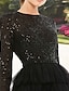 cheap Cocktail Dresses-A-Line Cocktail Dresses Elegant Dress Wedding Guest Party Wear Tea Length Long Sleeve Jewel Neck Fall Wedding Guest Tulle with Sequin Tiered 2024