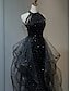 cheap Prom Dresses-A-Line Prom Black Dress Vintage Dress Wedding Party Birthday Sweep / Brush Train Sleeveless Halter Neck Wednesday Addams Family Sequined with Crystals Sequin Ruffles 2024
