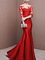 tanie Suknie wieczorowe-sukienka syrenka suknia wieczorowa elegancka czerwona zielona sukienka formalne gość weselny tren tren 3/4 rękaw odsłonięty ramiona satyna z guzikami plisy aplikacje 2024