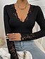 cheap Blouses &amp; Shirts-Women&#039;s Shirt Blouse Black Lace Patchwork Plain Casual Long Sleeve V Neck Basic Regular S