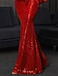 cheap Evening Dresses-Mermaid Evening Gown Sparkle Red Green Dress Dress Formal Wedding Guest Floor Length Long Sleeve V Neck Fall Wedding Reception Sequined with Bow(s) Sequin 2024