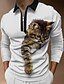 cheap Zip Polo-Men&#039;s Polo Shirt Golf Shirt Animal Cat Graphic Prints Turndown Black Blue White+Gray Khaki Gray 3D Print Outdoor Street Long Sleeve Zipper Print Clothing Apparel Sports Fashion Streetwear Designer