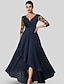cheap Mother of the Bride Dresses-A-Line Mother of the Bride Dress Wedding Guest Elegant High Low V Neck Asymmetrical Tea Length Chiffon Lace 3/4 Length Sleeve with Appliques 2024