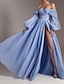 cheap Prom Dresses-A-Line Prom Dresses Corsets Dress Formal Wedding Party Dress Floor Length Long Sleeve Off Shoulder Tulle with Glitter Ruched Slit 2024