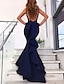 cheap Evening Dresses-Mermaid / Trumpet Evening Gown Open Back Dress Formal Wedding Guest Court Train Sleeveless V Neck Stretch Fabric with Bow(s) Ruffles 2024