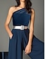 cheap Evening Dresses-Jumpsuits Evening Gown Elegant Dress WorkWear Floor Length Short Sleeve One Shoulder Pocket Chiffon with Pocket 2024