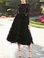 cheap Cocktail Dresses-A-Line Cocktail Dresses Elegant Dress Wedding Guest Party Wear Tea Length Long Sleeve Jewel Neck Fall Wedding Guest Tulle with Sequin Tiered 2024