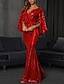 cheap Evening Dresses-Mermaid Evening Gown Sparkle Red Green Dress Dress Formal Wedding Guest Floor Length Long Sleeve V Neck Fall Wedding Reception Sequined with Bow(s) Sequin 2024