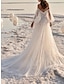 זול שמלות כלה-חוף ים / יעד רשמי שמלות חתונה גזרת A סירה מתחת לכתפיים שרוול ארוך שובל קורט תחרה שמלות כלה עם אפליקציות 2024