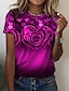 cheap Women&#039;s T-shirts-Women&#039;s T shirt Tee Pink Red Blue Floral Rose Heart Print Short Sleeve Holiday Weekend Basic Round Neck Regular Floral Painting S