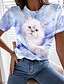 저렴한 기본 티 &amp;티셔츠-여성용 T 셔츠 블러슁 핑크 푸른 클로버 프린트 고양이 3D 캐쥬얼 주말 짧은 소매 라운드 넥 베이직 보통 3D 고양이 페인팅 S
