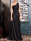 cheap Evening Dresses-Sheath Black Dress Evening Gown Elegant Dress Formal Evening Floor Length Sleeveless One Shoulder Fall Wedding Guest Satin Backless with Pleats Crystals Draping 2024