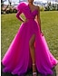 tanie Sukienki studniówkowe-Balowa Suknie balowe Elegancja Sukienka Studniówka Urodziny Tren sweep Długi rękaw Na jedno ramię Tiul z Falbany Rozcięciem 2024